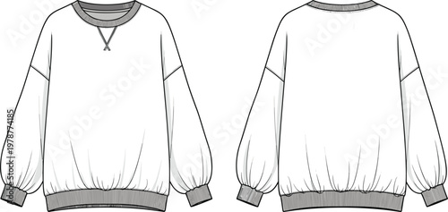 Technical flat sketch of oversized sweatshirt with dropped shoulders long puff sleeves ribbed neck and hem front and back views for fashion tech pack, 22 words.