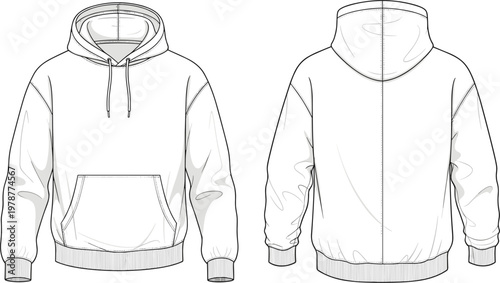 Technical vector flat sketch of unisex hoodie featuring kangaroo pocket drawstring hood front and back views for fashion tech pack design and apparel manufacturing templates.