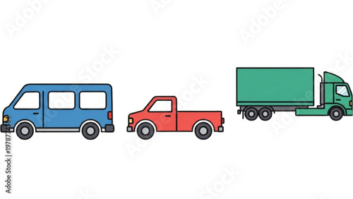 Vehicles including a van, pickup truck, and vector CAD semi-truck driving