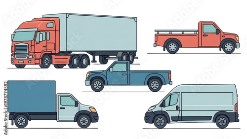 Various vector CAD designed trucks and vans in a landscape