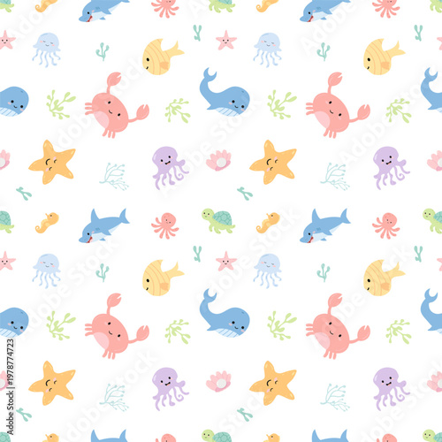 Sea seamless pattern with different underwater animals and mollusks in pastel colors