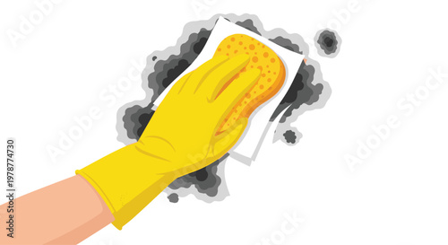 A hand protected by a bright yellow rubber glove uses a porous sponge and a clean white cloth to wipe away dark fungal mold from a flat surface.