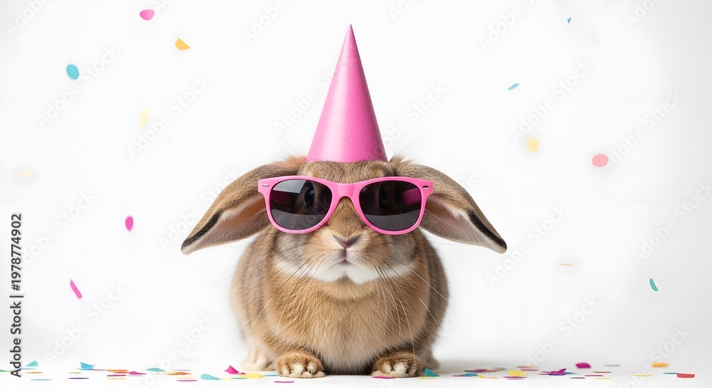 Fototapeta premium Festive bunny celebration a charming rabbit wears a party hat and sunglasses for a joyful occasion