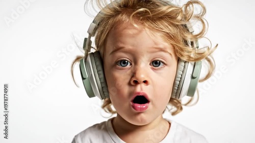 A young child with curly blonde hair wearing headphones looks surprised.