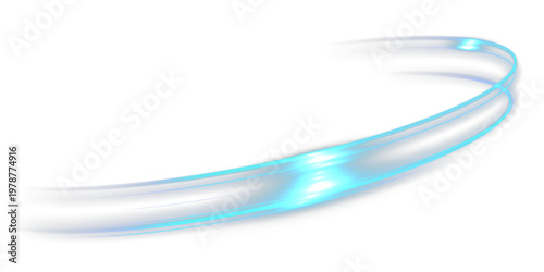Abstract blue neon light trail with glowing curved motion on black background.