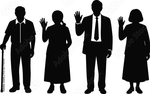 Black silhouettes of elderly and professional people waving hands including man with walking stick and businessman in suit isolated on white background.