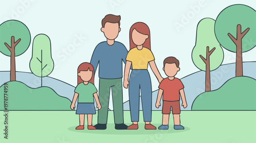 Happy family with two children standing together in a green park illustration