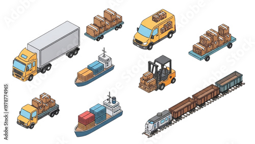 Vector CAD illustration of cargo transportation by truck, train, and ship