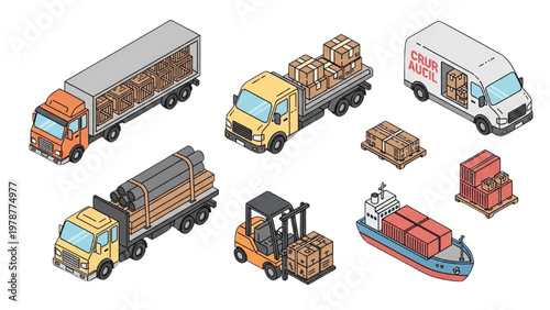 Vector illustration of cargo trucks and ships transporting goods