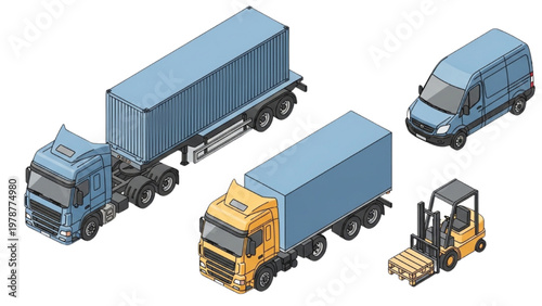 Vector illustration of trucks and forklift in a warehouse loading vector CAD designs