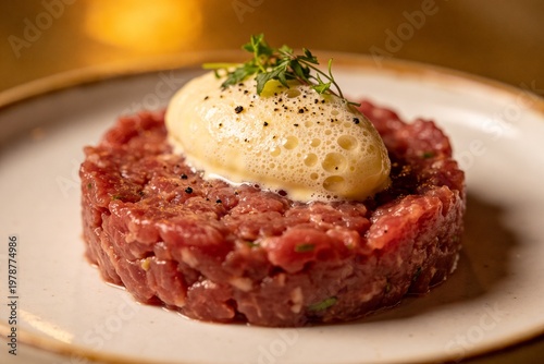 Handgemachtes Rindertatar mit aufgeschäumter Zabaione und frischem Thymian auf weißem Teller