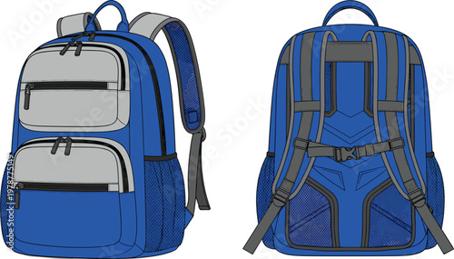 Blue and grey technical backpack vector illustration showing front and back views with straps, pockets, and ergonomic design for school, travel, and outdoor equipment.