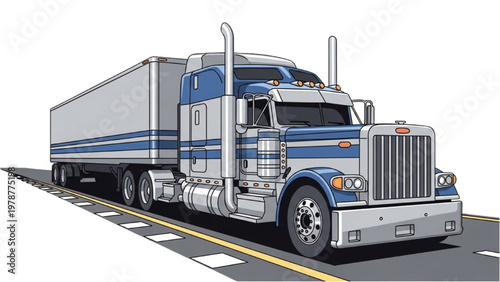 A blue and silver semi-truck drives on a highway with vector CAD precision.