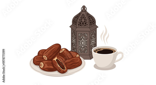 A plate of sweet brown dates is served alongside a steaming cup of hot black coffee and a decorative dark metal lantern on a plain white surface.