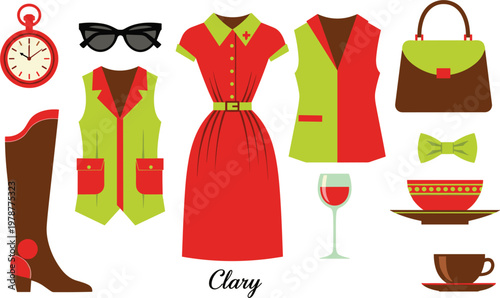 Vintage vector fashion collection featuring red and green retro dress, stylish vests, leather boots, and classic accessories like sunglasses and pocket watches for design.