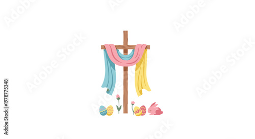 A rustic wooden cross draped with colorful pink, blue, and yellow fabrics stands among decorated Easter eggs and a small pink bunny on a white field.
