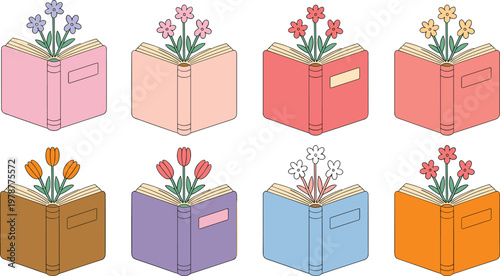 Set of various colorful open books with blooming flowers and tulips growing out of pages for education knowledge and spring reading concept.