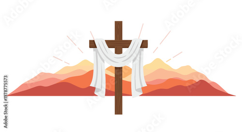 A wooden cross draped with a white shroud stands prominently in front of a layered mountain range during a warm and glowing sunrise atmosphere.