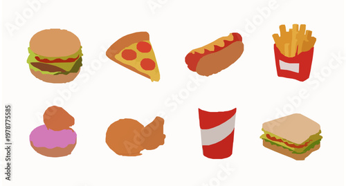 3D Fast Food Vector Set with Burger Pizza Hot Dog Fries and Soda Isolated Collection