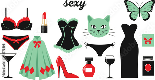 Elegant feminine accessories collection featuring black lingerie, corset, red high heels, perfume, lipstick, and stylish fashion elements for romantic glamour and boutique branding designs.