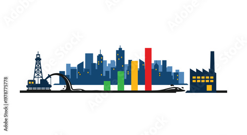 Colorful economic growth bar charts rise against a dark blue industrial city skyline featuring an oil derrick and a factory under bright white light.