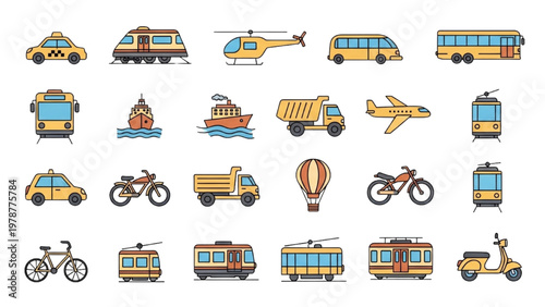 Vector CAD illustration of various colorful transportation vehicles on road