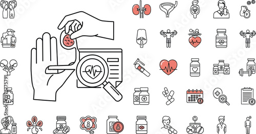 Medical examination icons depict health.