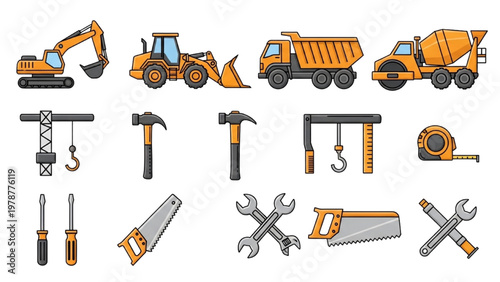 Construction tools and vehicles in a vector CAD industrial setting