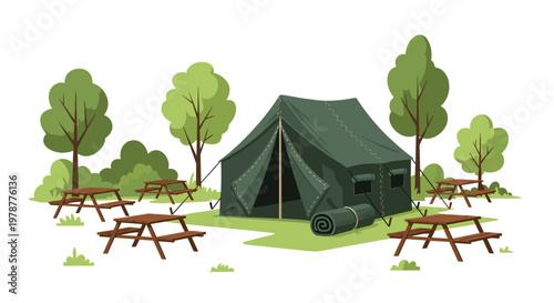 Spacious dark green canvas tent stands in a lush forest clearing surrounded by numerous wooden picnic tables and vibrant green trees under bright daylight.