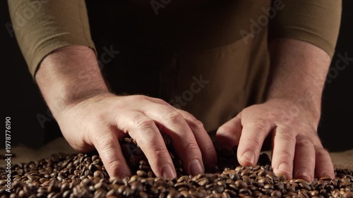 Male hands mixing coffee beans arabica and robusta on dark background