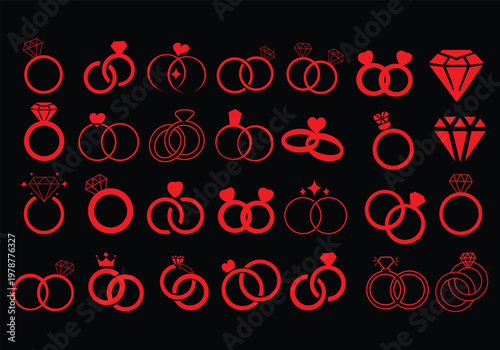 Wedding ring, diamond ring line drawing, diverse engagement rings styles, designs, decorative, elements, ornamental, patterns, pairs, simple, intricate, monochromatic, black, white