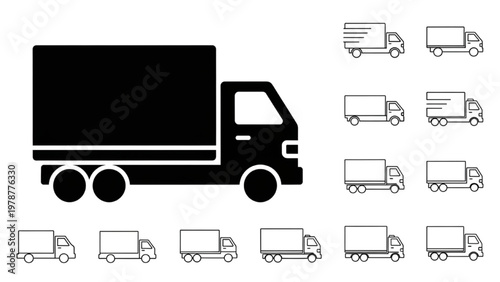 Vector CAD illustration of trucks and various delivery vehicles in motion