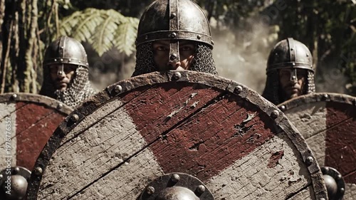Warriors in armor stand behind shields in a forest battle scene