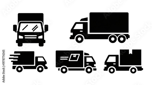 Vector CAD illustration of various trucks in a line