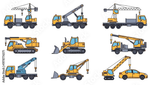 Vector CAD designs of various construction trucks and cranes in action