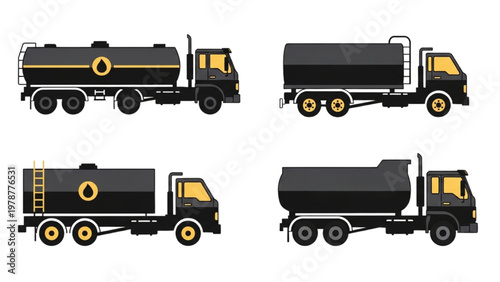 Vector CAD designs of industrial oil and cement trucks in a row