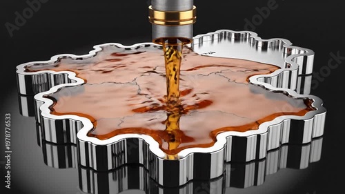 Golden liquid pouring into a metallic gear shaped container on a dark background
