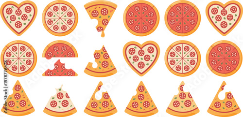 Pepperoni pizza vector set featuring whole round pies, heart shaped slices, bitten pieces, and italian food flat icons for fast food menus.