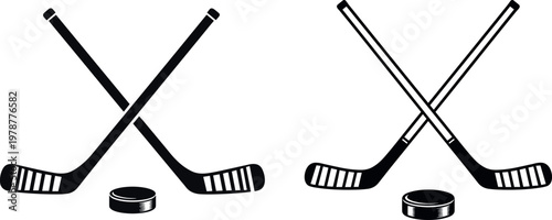 Ice hockey sticks and puck icons set in solid and outline styles representing sport equipment and game design elements