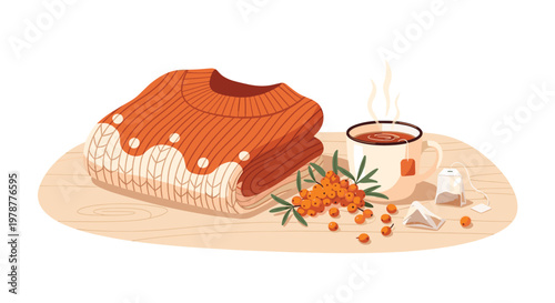 A cozy orange knitted sweater rests beside a steaming cup of herbal tea and fresh sea buckthorn berries on a rustic wooden table under soft light.