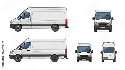 Vector CAD drawings of a white delivery van from multiple angles