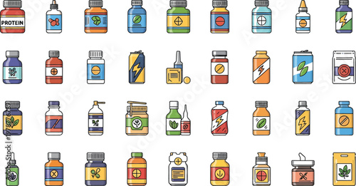 Bottles display a variety of medicine containers.