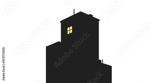 A dark silhouette of a tall urban building stands against a white sky featuring a single illuminated yellow window suggesting late night activity inside.