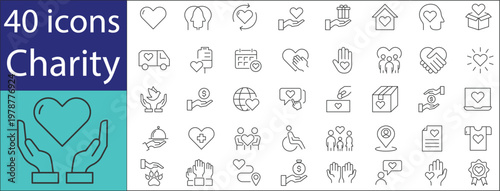 Charity icons set with donation, helping hands, heart care, volunteer support, and humanitarian aid concepts in modern line style.