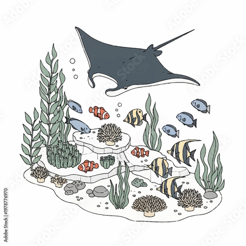 Large gray stingray swimming ocean water.