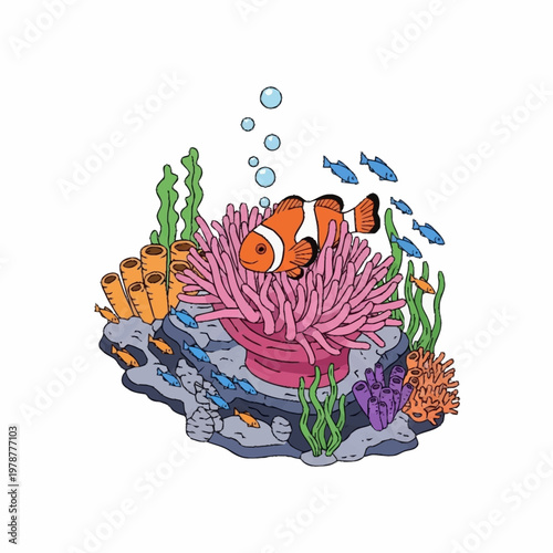 Clownfish swimming near sea anemone.