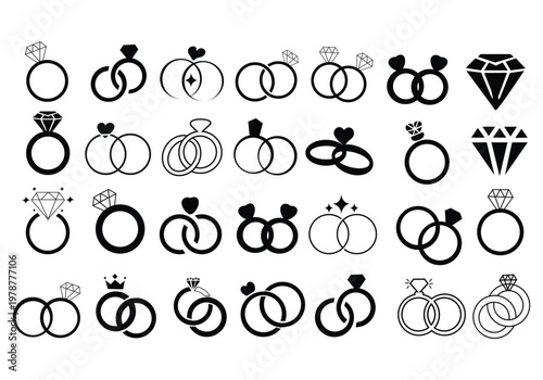 diamond studded engagement rings vector set, wedding ring symbolizing love and commitment. Variety of designs, from classic solitaires to intricate patterns 