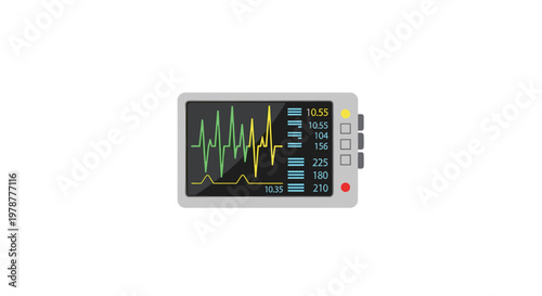 A sleek grey medical heart rate monitor displays vibrant green and yellow pulse waves on a dark digital interface screen against a clean white background.
