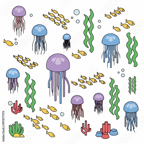 Colorful jellyfish swimming ocean sea.