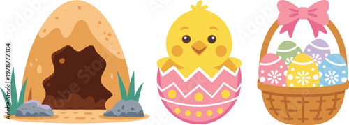 Easter holiday vector collection featuring a cute yellow chick hatching from an egg, a woven basket with colorful eggs, and rabbit burrow